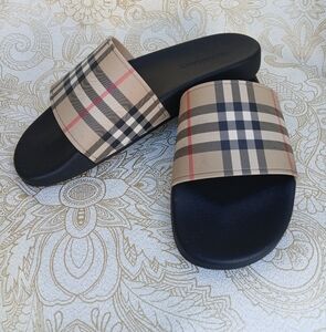Burberry Beige and Black Plaid Slides
